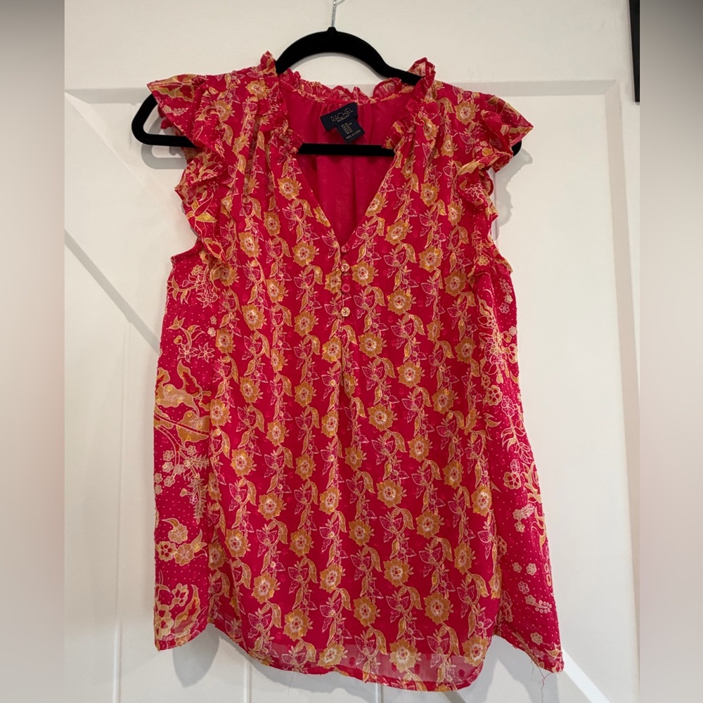 Rachel Zoe Floral Ruffle Sleeve Top - Pink and Yellow